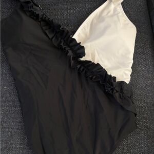 Elegant Black and Cream Ruffle One-Piece Swimsuit
